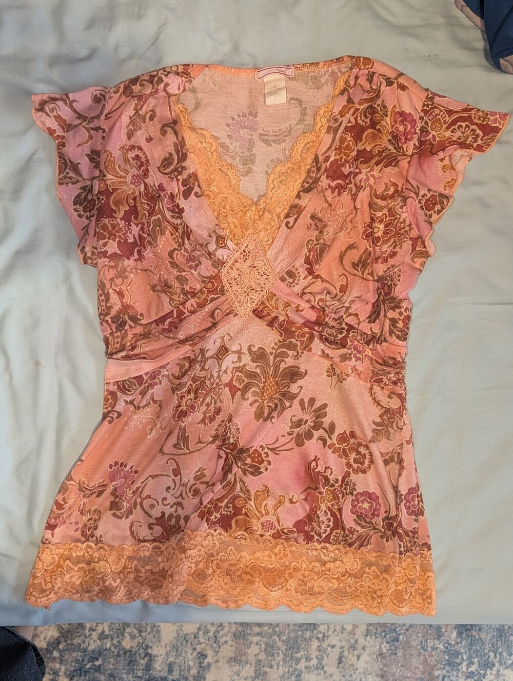 Vintage Vol.1 Floral Lace-Trim V-Neck Women's Blouse
